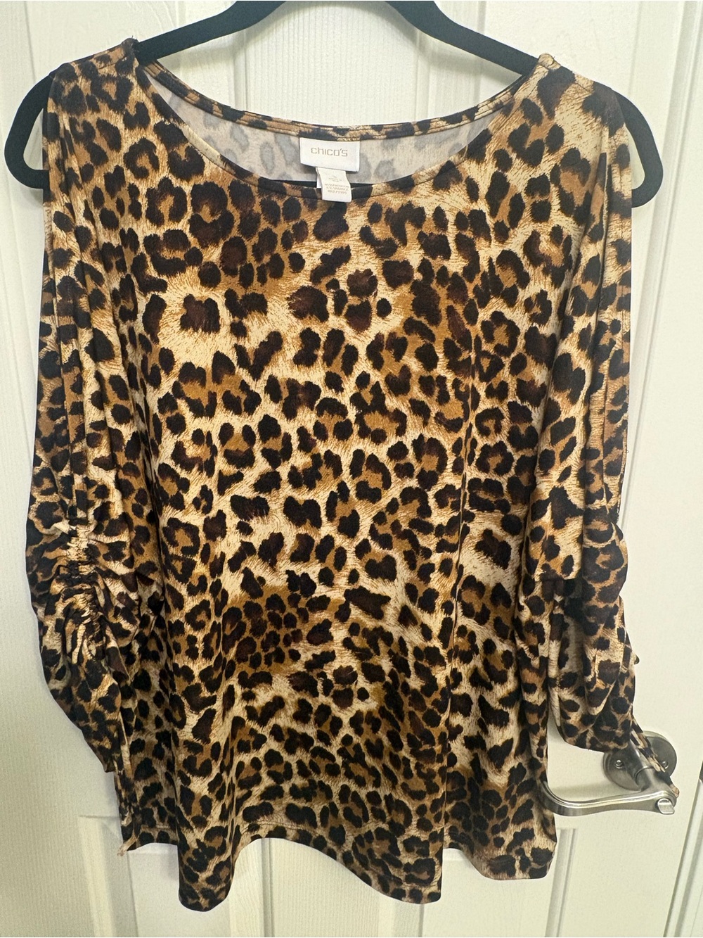 Chico's Cold Shoulder Tie Sleeves Leopard Print Women’s Top in Brown- 3